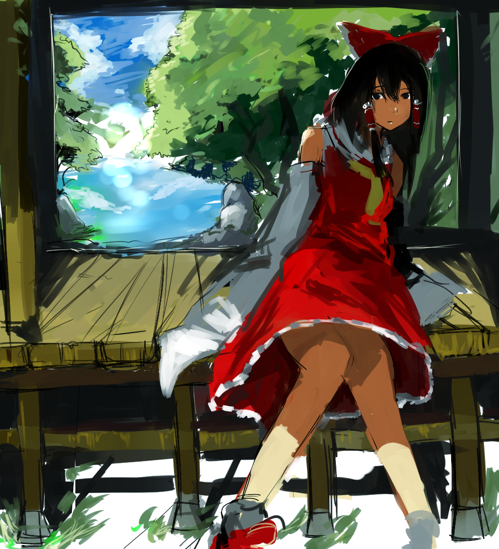un-known (ninesix), hakurei reimu, touhou, bad id, bad pixiv id, 1girl, black hair, bow, day, detached sleeves, dress, female focus, hair bow, japanese clothes, legs, long hair, miko, nature, outdoors, plant, sitting, sky, solo, tree