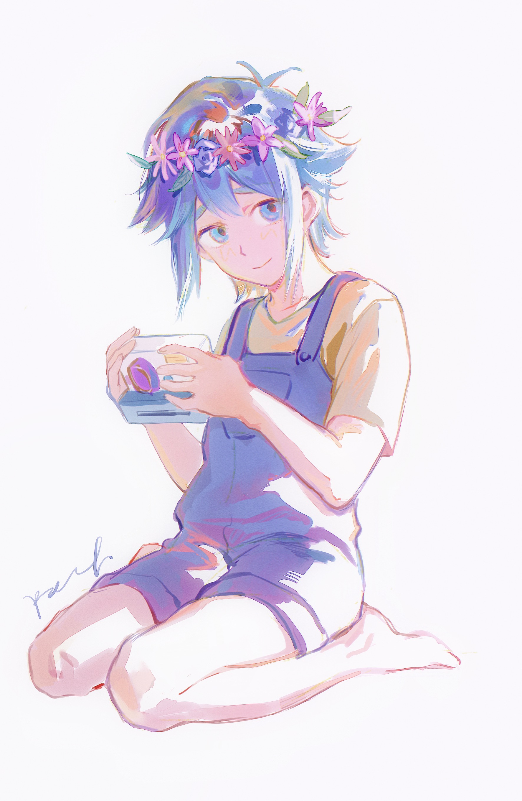 patient51311752, basil (headspace) (omori), basil (omori), omori, absurdres, highres, 1boy, antenna hair, barefoot, blue overalls, camera, closed mouth, double-parted bangs, flower, flower wreath, green eyes, green hair, hair between eyes, head wreath, holding, holding camera, looking at viewer, male focus, overall shorts, overalls, seiza, shirt, short hair, short sleeves, sidelocks, simple background, sitting, smile, solo, t-shirt, white background, yellow shirt