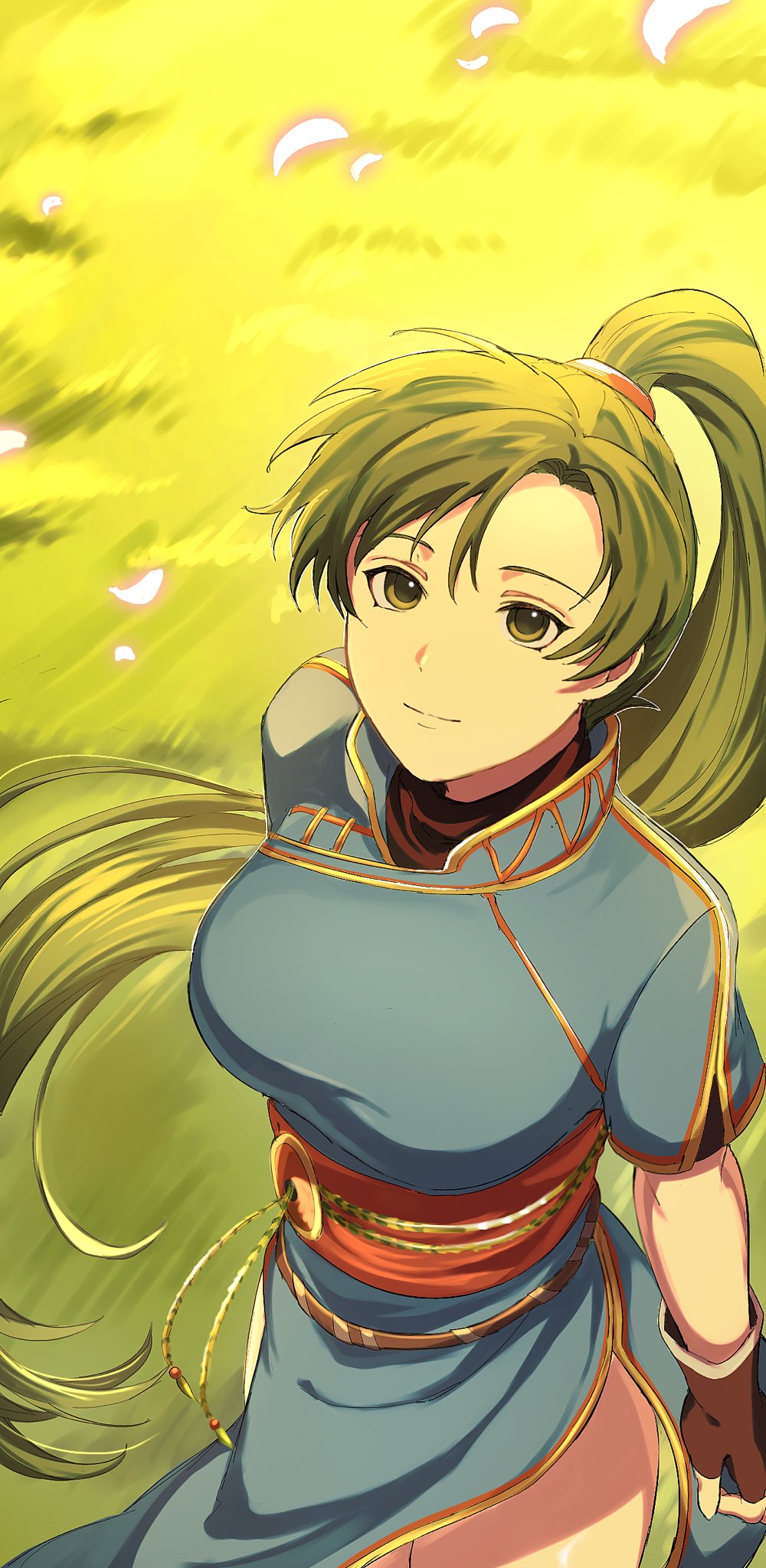mimummom, lyn (fire emblem), fire emblem, fire emblem: the blazing blade, nintendo, highres, 1girl, blue dress, breasts, brown gloves, closed mouth, dress, fingerless gloves, gloves, golden hour, grass, green eyes, green hair, high ponytail, large breasts, long hair, looking at viewer, looking up, outdoors, pelvic curtain, ponytail, rope belt, side slit, smile, solo, thighs, undershirt, very long hair