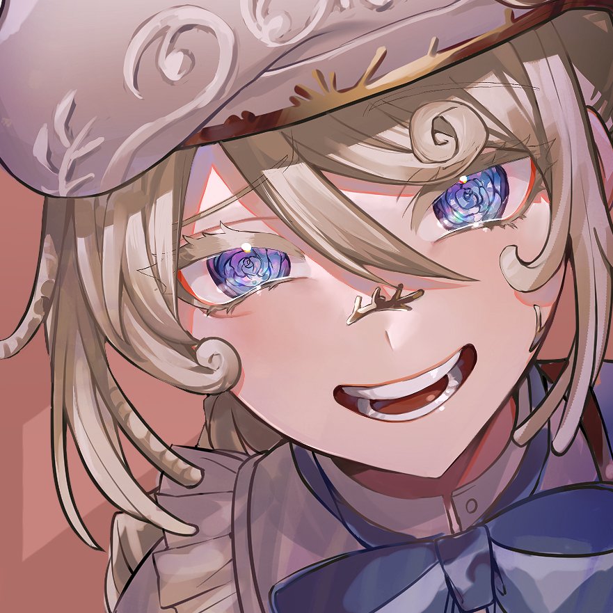 edgar valden, edgar valden (golden ratio), identity v, archived source, commentary request, 1boy, androgynous, beret, blue bow, blue bowtie, blue eyes, bow, bowtie, brooch, colored eyelashes, gold trim, grin, hair between eyes, half capelet, hat, hat feather, head tilt, jewelry, looking at viewer, male focus, official alternate costume, portrait, raised eyebrow, shirt, sidelocks, smile, solo, sorata mnkr, white shirt