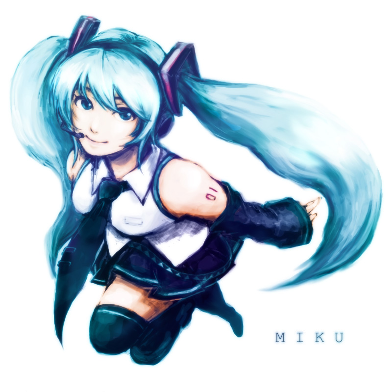 tatsuno, tatsuno (3scale), hatsune miku, vocaloid, bad id, bad pixiv id, 1girl, aqua eyes, aqua hair, detached sleeves, female focus, headphones, headset, long hair, necktie, simple background, skirt, smile, solo, thighhighs, twintails, zettai ryouiki