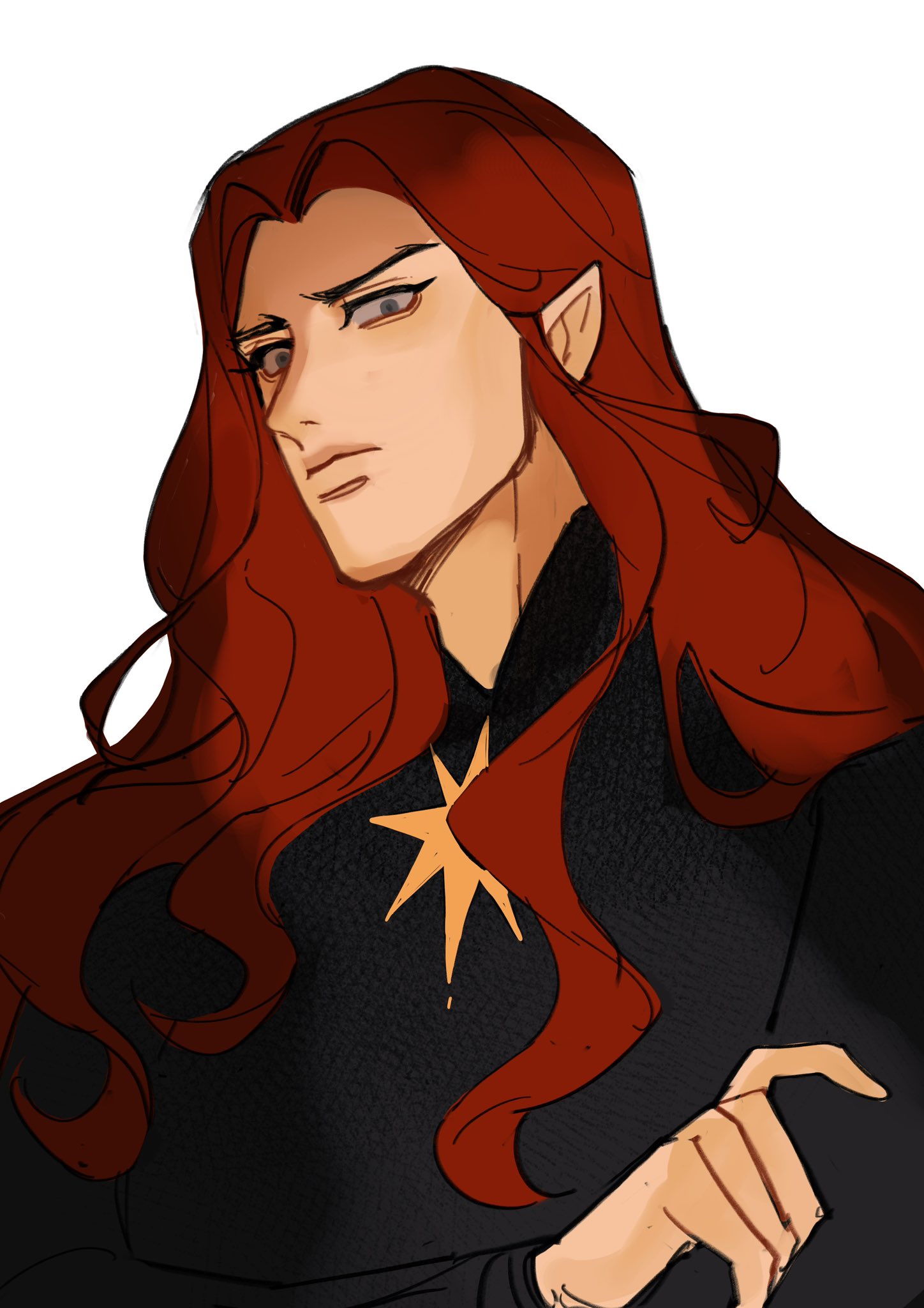 issa crimson, maedhros, the silmarillion, tolkien's legendarium, 1boy, closed mouth, elf, eyelashes, grey eyes, hand on own arm, long hair, looking at viewer, male focus, parted bangs, pointy ears, red hair, simple background, solo, upper body, white background
