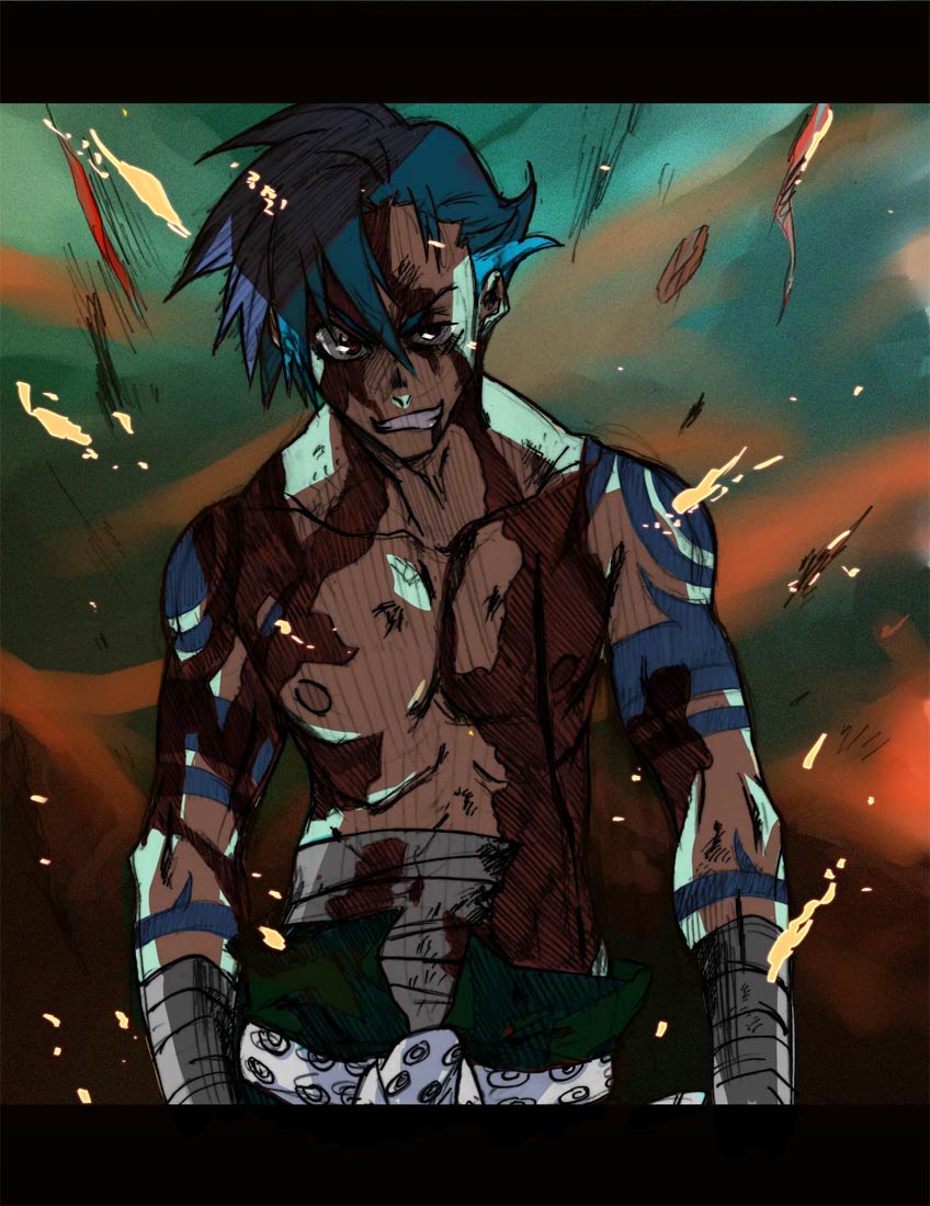 tehryu, kamina (ttgl), tengen toppa gurren lagann, 00s, bandages, blood, blue hair, bodypaint, injury, letterboxed, male focus, manly, sarashi, solo, topless male