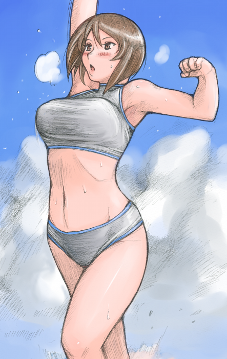 tsuda nanafushi, souseiseki, rozen maiden, 00s, aged up, armpits, bouncing breasts, breasts, brown eyes, brown hair, large breasts, midriff, short hair, solo, sportswear, sweat