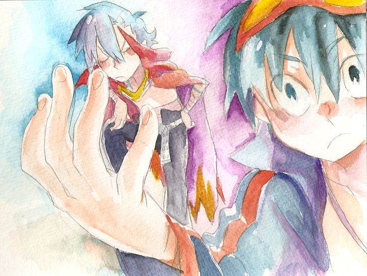 tehryu, kamina (ttgl), simon (ttgl), tengen toppa gurren lagann, painting (medium), traditional media, watercolor (medium), 00s, 2boys, blue hair, cape, male focus, multiple boys