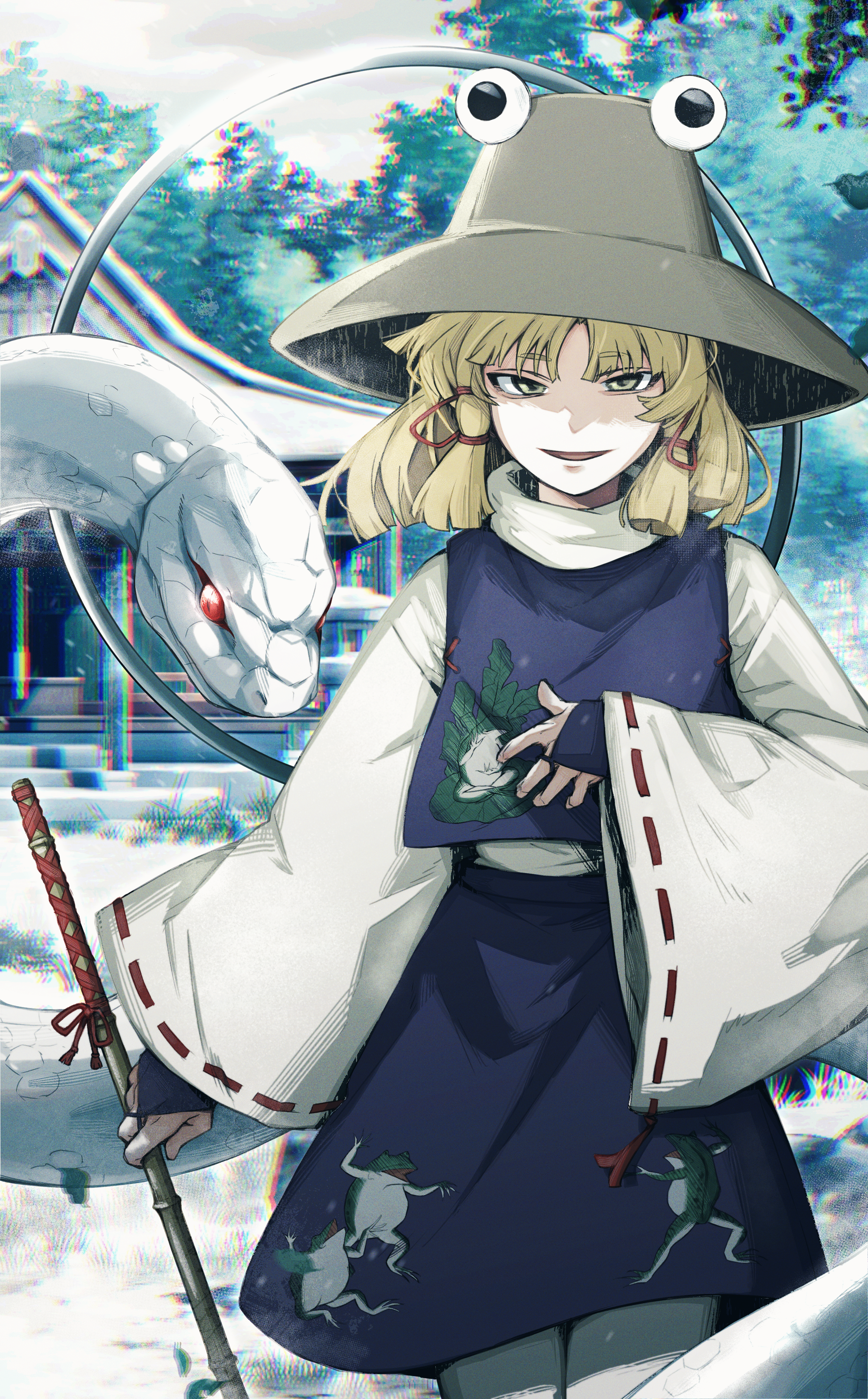 dorothy xi, mishaguji, moriya suwako, pyonta, touhou, absurdres, commentary request, highres, 1girl, animal print, blonde hair, chinese zodiac, frog print, grey eyes, looking at viewer, outdoors, shrine, smile, snake, white snake, year of the snake
