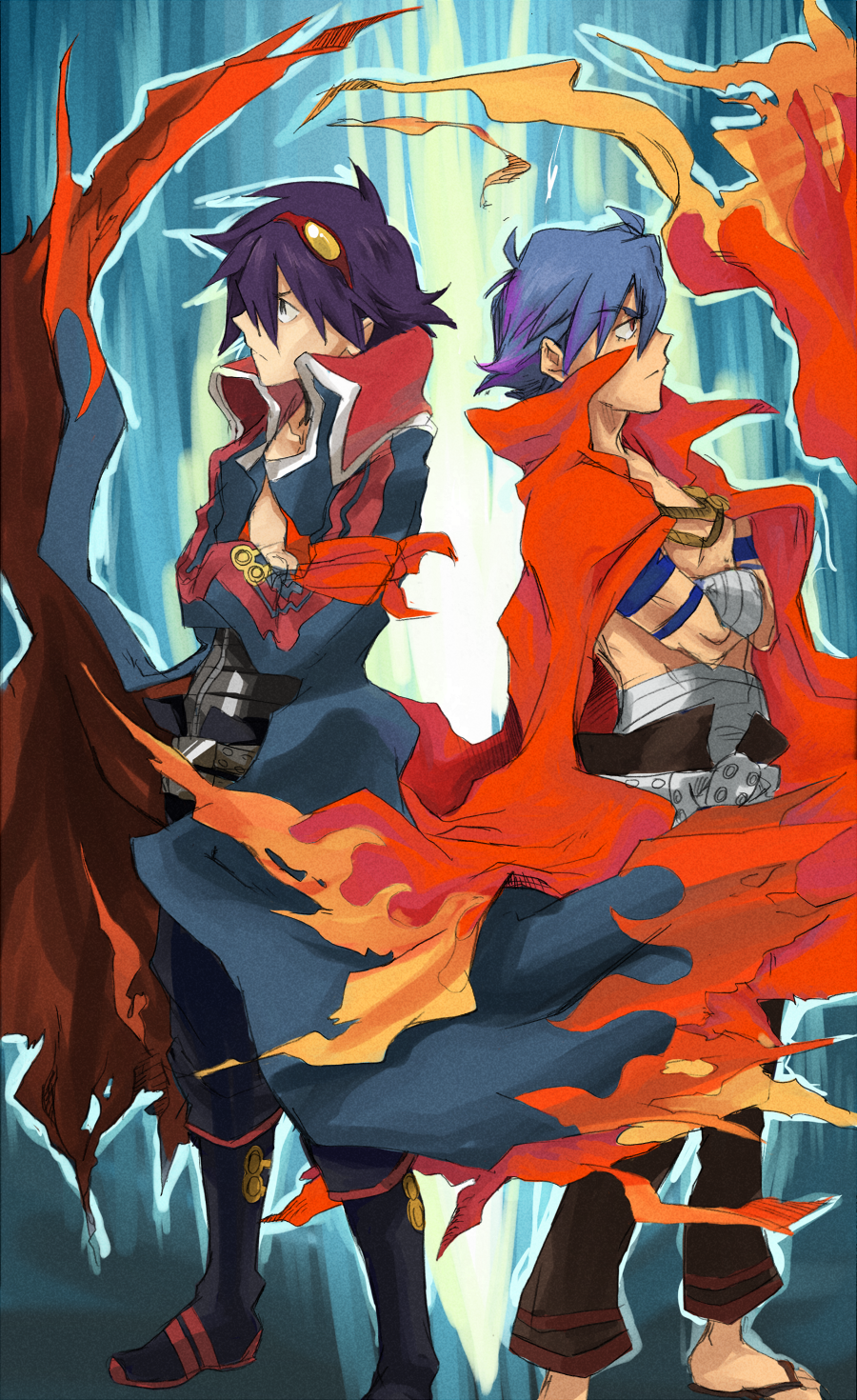 tehryu, kamina (ttgl), simon (ttgl), tengen toppa gurren lagann, highres, 00s, 2boys, back-to-back, bandages, blue hair, bodypaint, cape, crossed arms, glasses, goggles, goggles on head, gradient background, male focus, multiple boys, topless male