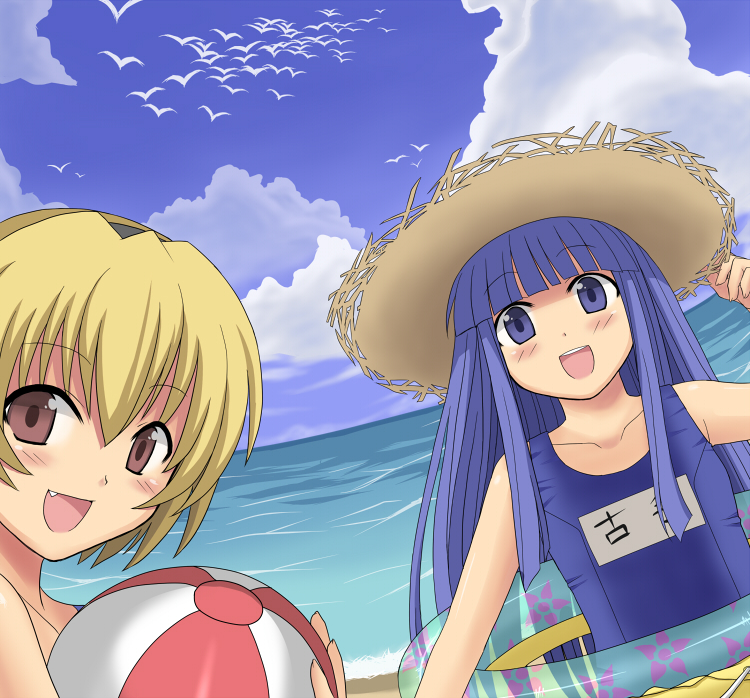 amane hasuhito, furude rika, houjou satoko, higurashi no naku koro ni, bad id, bad pixiv id, 00s, ball, beachball, blonde hair, blue eyes, blue hair, brown eyes, dutch angle, hat, innertube, long hair, one-piece swimsuit, school swimsuit, short hair, straw hat, swim ring, swimsuit