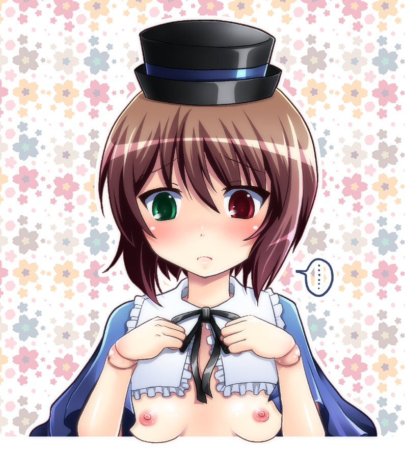 mai (artist), mai (maittingu), souseiseki, rozen maiden, 00s, 1girl, blush, breasts, breasts out, brown hair, doll joints, female focus, flat chest, green eyes, hat, heterochromia, joints, nipples, red eyes, short hair, small breasts, solo, undressing, upper body