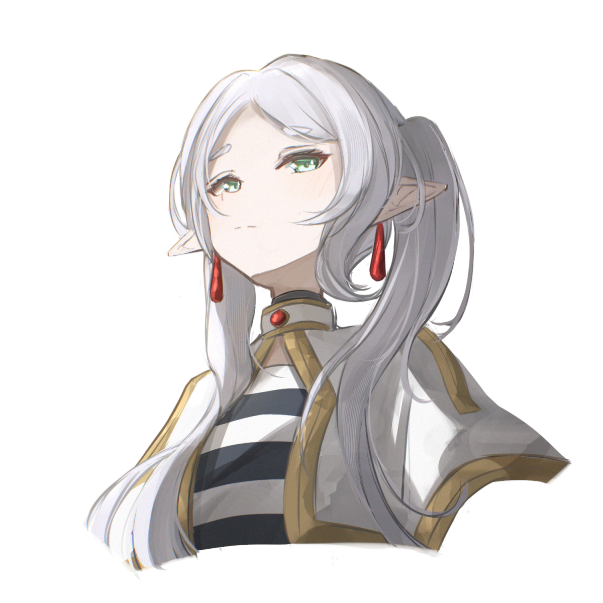 vincentime, frieren, sousou no frieren, commentary, highres, 1girl, black shirt, capelet, closed mouth, cropped torso, earrings, elf, green eyes, jewelry, light blush, long hair, looking at viewer, meme, multicolored shirt, pointy ears, shirt, simple background, solo, striped clothes, striped shirt, twintails, two-tone shirt, upward angle frieren drawing (meme), white background, white capelet, white hair, white shirt