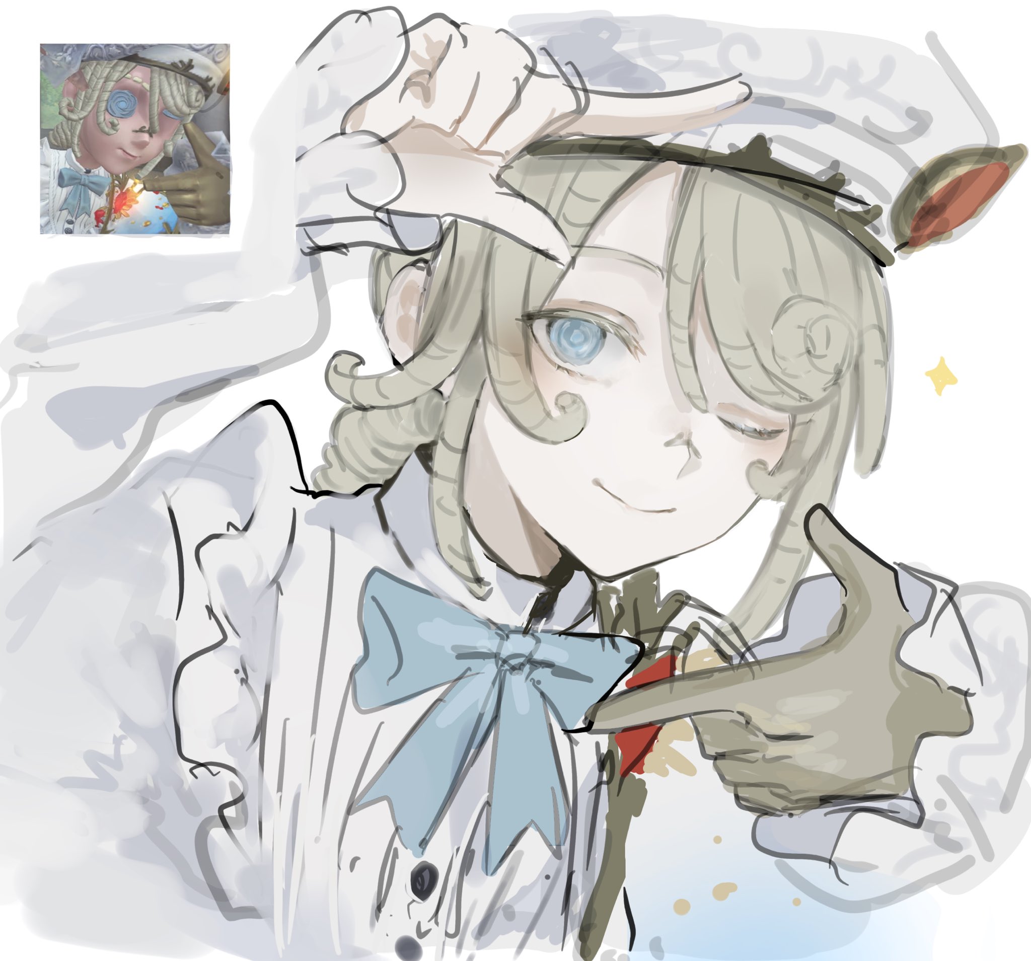 ! (rsa yuhr), edgar valden, edgar valden (golden ratio), identity v, derivative work, highres, 1boy, androgynous, beret, bishounen, blonde hair, blue bow, blue bowtie, blue eyes, bow, bowtie, colored extremities, drill hair, drill ponytail, finger frame, frilled sleeves, frills, game screenshot inset, hat, looking at viewer, male focus, official alternate costume, one eye closed, portrait, shirt, sidelocks, smile, solo, white hat, white shirt