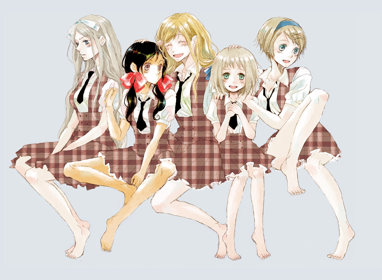 namahamuro-su, belarus (hetalia), hungary (hetalia), liechtenstein (hetalia), seychelles (hetalia), ukraine (hetalia), axis powers hetalia, plaid, bad id, bad pixiv id, 00s, 5girls, barefoot, dress, feet, grey background, hair ribbon, legs, multiple girls, necktie, pinafore dress, ribbon, school uniform, simple background, sleeveless, sleeveless dress, smile, unmoving pattern