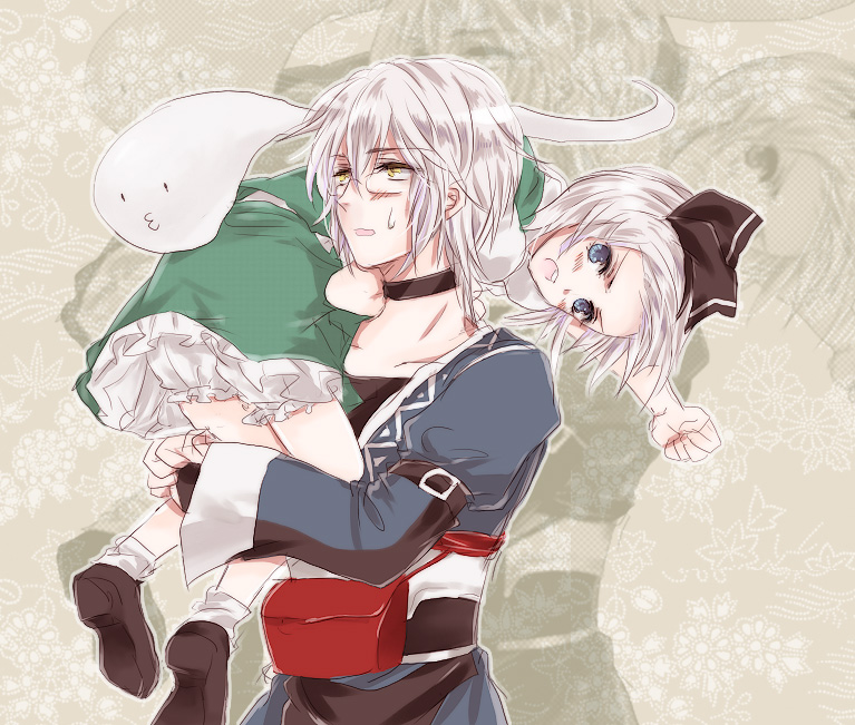 outlaw, unabara misumi, konpaku youmu, konpaku youmu (ghost), morichika rinnosuke, touhou, silver hair, bad id, bad pixiv id, 1boy, 1girl, angry, blue eyes, blush, carrying, carrying over shoulder, choker, clenched hand, couple, forehead, frown, hetero, hitodama, o3o, short hair, shoulder carry, sweatdrop, take it home, yellow eyes