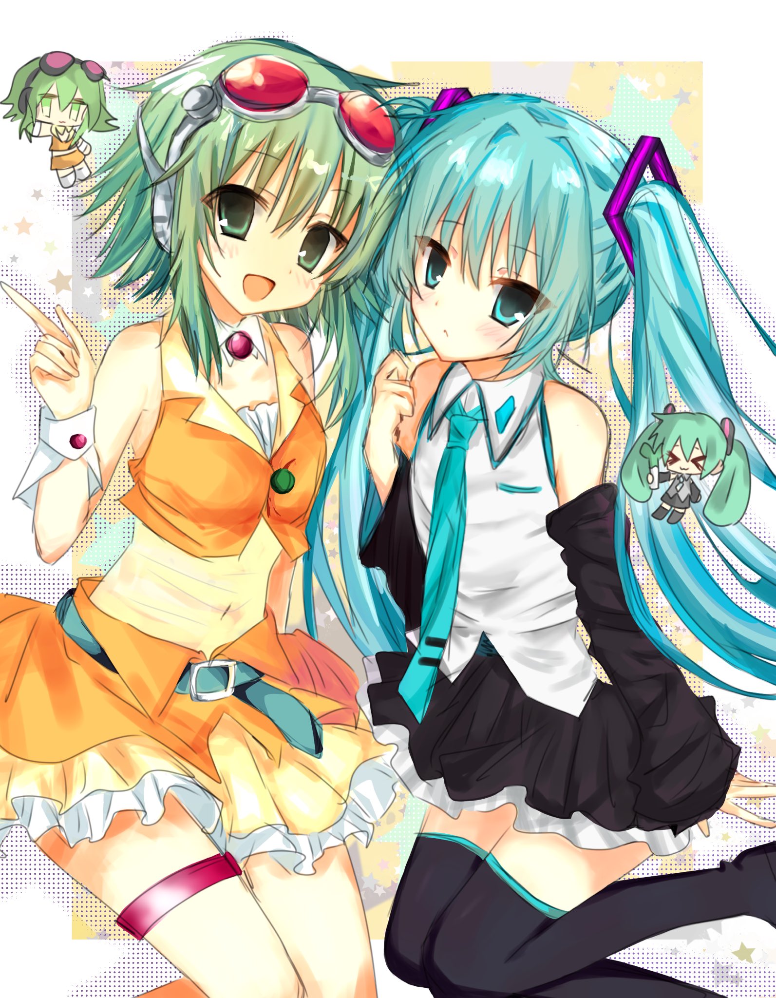 gumi, hatsune miku, vocaloid, commentary, highres, symbol-only commentary, 2girls, :<, :d, aqua eyes, aqua hair, bare shoulders, belt, black skirt, blue belt, blue eyes, blue hair, blush, chibi, chibi inset, closed mouth, cropped vest, detached collar, detached sleeves, frilled skirt, frills, goggles, goggles on head, green eyes, green hair, hair between eyes, hair ornament, headphones, long hair, looking at viewer, multiple girls, naivefatei (nemui), necktie, open mouth, orange vest, pointing, pointing up, red-tinted eyewear, shirt, short hair, skirt, sleeveless, smile, spring onion, thigh strap, thighhighs, tie clip, tinted eyewear, twintails, very long hair, vest, white shirt, white wrist cuffs, wrist cuffs, zettai ryouiki