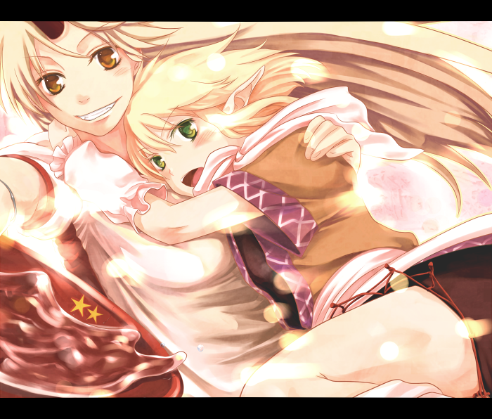 atoki, hoshiguma yuugi, mizuhashi parsee, touhou, 2girls, alcohol, arm warmers, blonde hair, cup, female focus, green eyes, grin, horns, letterboxed, long hair, multiple girls, pointy ears, sakazuki, sake, scarf, short hair, single horn, smile, yellow eyes