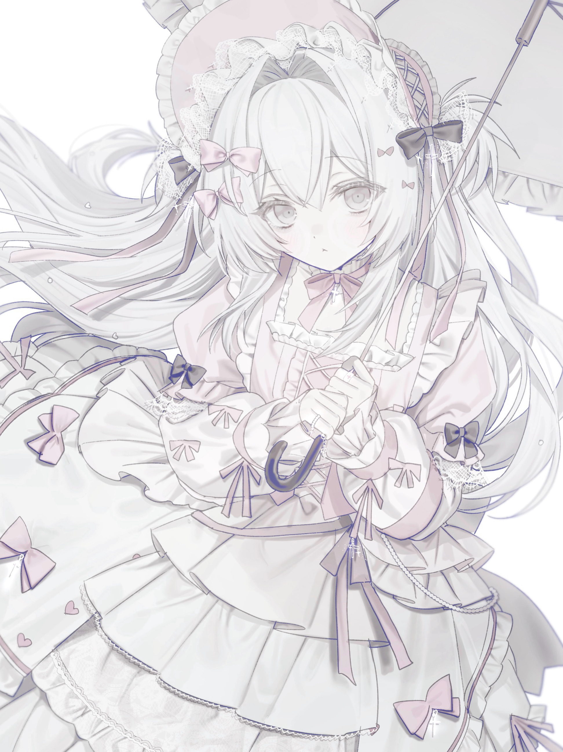hinomiya shou, original, absurdres, commentary request, highres, 1girl, :<, black bow, bonnet, bow, choker, cowboy shot, dress, dress bow, frilled bonnet, frilled choker, frilled dress, frills, hair bow, hair intakes, holding, holding umbrella, lace trim, layered dress, lolita fashion, long hair, long sleeves, looking at viewer, multiple hair bows, parasol, pink bonnet, pink bow, pink dress, pink ribbon, puffy long sleeves, puffy sleeves, ribbon, ribbon choker, simple background, sleeve bow, solo, sweet lolita, two-tone dress, two side up, umbrella, very long hair, white background, white dress, white eyes, white hair