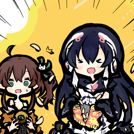 tanuki kamen, african penguin (kemono friends), natsuiro matsuri, hololive, kemono friends, kemono friends v project, 2girls, black hair, brown hair, chips (food), closed eyes, elbow gloves, food, gloves, green eyes, headphones, hood, hoodie, long hair, microphone, multiple girls, penguin girl, potato chips, ribbon, shirt, simple background, virtual youtuber, yellow background