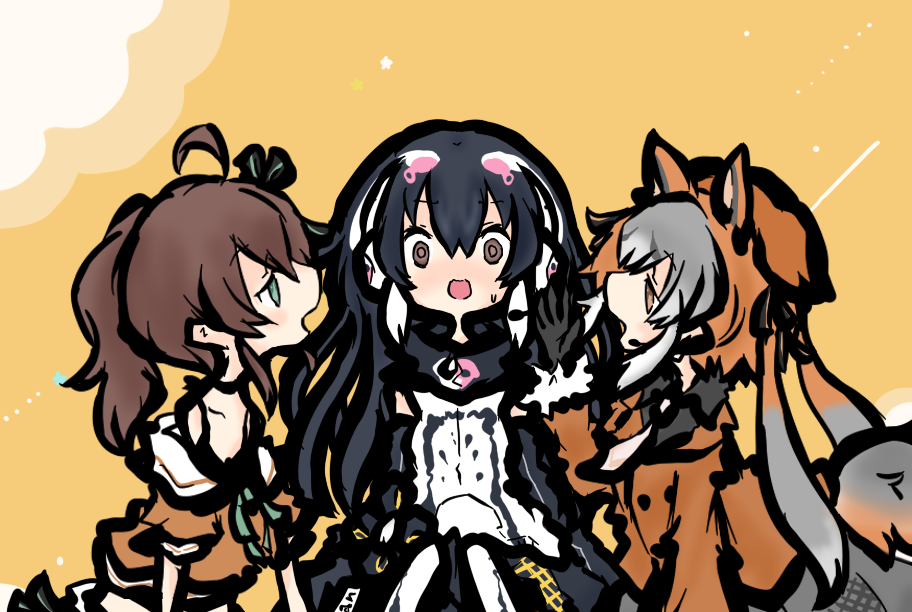 tanuki kamen, african penguin (kemono friends), island fox (kemono friends), natsuiro matsuri, hololive, kemono friends, kemono friends v project, 3girls, animal ears, black hair, blush, brown eyes, brown hair, elbow gloves, extra ears, fox ears, fox girl, fox tail, gloves, green eyes, grey hair, hat, headphones, hood, hoodie, jacket, long hair, looking at viewer, microphone, multiple girls, necktie, penguin girl, ribbon, shirt, simple background, skirt, tail, thighhighs, twintails, virtual youtuber, yellow background