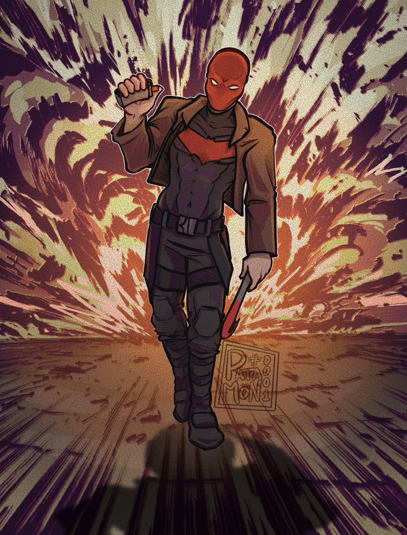 jason todd, red hood (dc), batman (series), dc comics, highres, 1boy, bat signal, batman symbol, black bodysuit, bodysuit, brown jacket, grey bodysuit, jacket, male focus, mask, multicolored bodysuit, muscular, muscular male, open clothes, pants, patamonnsfw, red hood and the outlaws, red mask, superhero costume, taut bodysuit, two-tone bodysuit