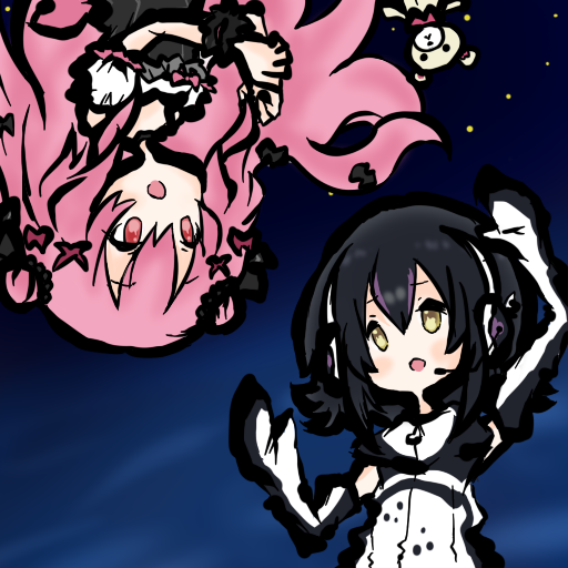 tanuki kamen, himekuma ribon, humboldt penguin (kemono friends), kemono friends, kemono friends v project, re:act, 2girls, black hair, dress, elbow gloves, gloves, headphones, hood, hoodie, long hair, microphone, multiple girls, penguin girl, pink eyes, pink hair, ribbon, short hair, simple background, sleeveless, space, stuffed animal, stuffed toy, teddy bear, virtual youtuber, yellow eyes