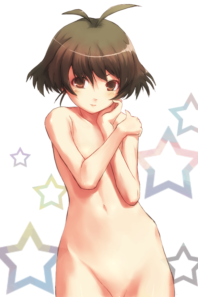 kuku px, akizuki ryo, idolmaster, idolmaster dearly stars, bad id, bad pixiv id, 00s, 1boy, antenna hair, antennae, bad anatomy, bad proportions, brown eyes, brown hair, male focus, nude, shy, solo, star (symbol), trap