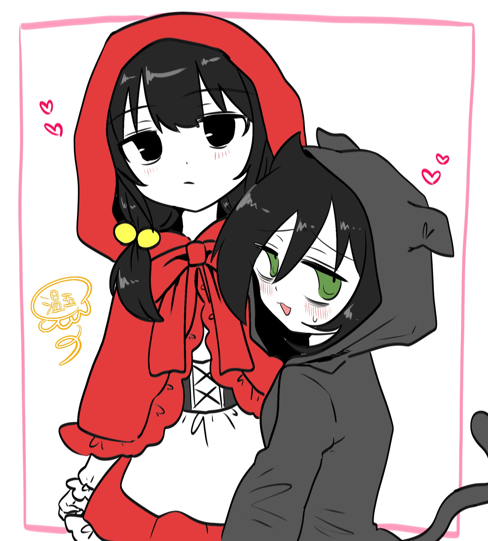 big bad wolf, kuroki tomoko, little red riding hood (fairy tale character), tamura yuri, watashi ga motenai no wa dou kangaetemo omaera ga warui!, hashtag-only commentary, highres, 2girls, animal costume, animal ears, apron, bags under eyes, big bad wolf (cosplay), black eyes, black hair, blush, capelet, corset, cosplay, dress, expressionless, frilled capelet, frilled dress, frills, green eyes, hair between eyes, hair bobbles, hair ornament, heart, hood, hood up, little red riding hood (fairy tale character) (cosplay), long hair, low twintails, multiple girls, nervous smile, nt0214mame, onesie, open mouth, red capelet, red hood, smile, sweatdrop, tail, twintails, waist apron, wolf costume, wolf ears, wolf tail
