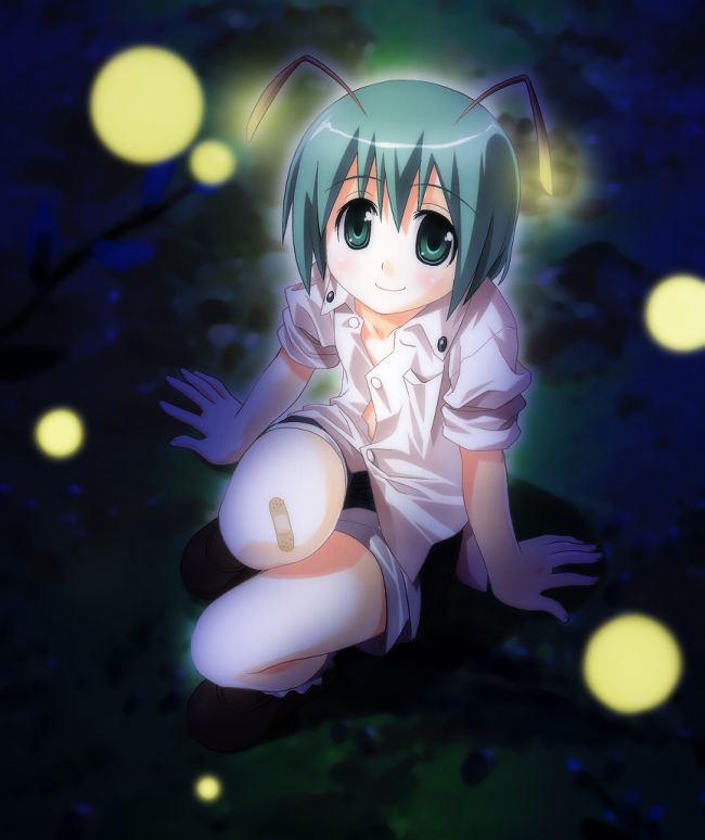 umekichi, wriggle nightbug, touhou, bad id, bad pixiv id, 1girl, antennae, bandaid, bandaid on knee, bandaid on leg, blouse, bug, buttons, female focus, fireflies, firefly, flat chest, green eyes, green hair, insect, looking at viewer, looking up, matching hair/eyes, night, shirt, short hair, shorts, smile, solo