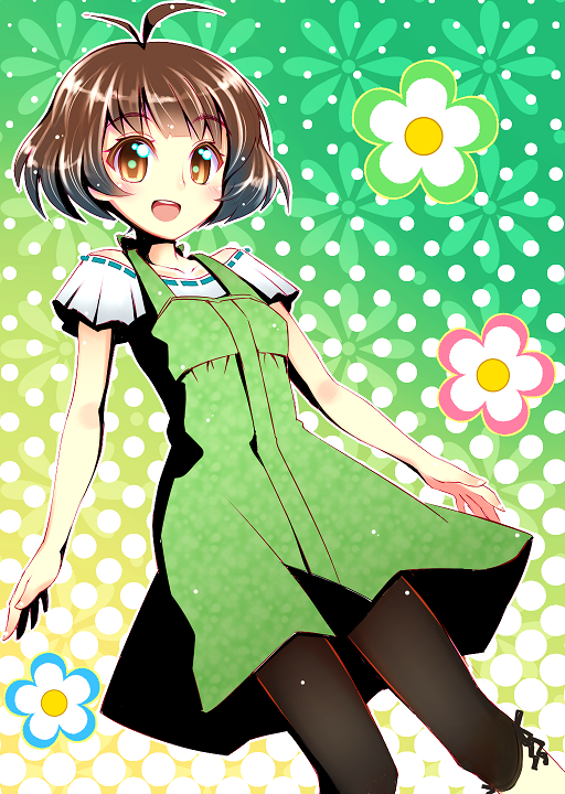 npon515, akizuki ryo, idolmaster, idolmaster dearly stars, 00s, 1boy, antenna hair, antennae, brown eyes, brown hair, crossdressing, crossdressing (mtf), dress, male focus, open mouth, smile, solo, trap