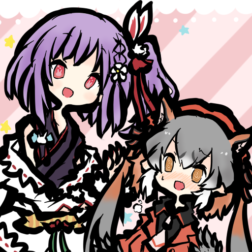 tanuki kamen, island fox (kemono friends), tenjin kotone, kemono friends, kemono friends v project, prismplus, 2girls, animal ears, bare shoulders, brown eyes, extra ears, flower, fox ears, fox girl, gloves, grey hair, hair flower, hair ornament, hat, jacket, japanese clothes, kimono, multiple girls, necktie, pink background, purple hair, red eyes, ribbon, shirt, simple background, twintails, virtual youtuber