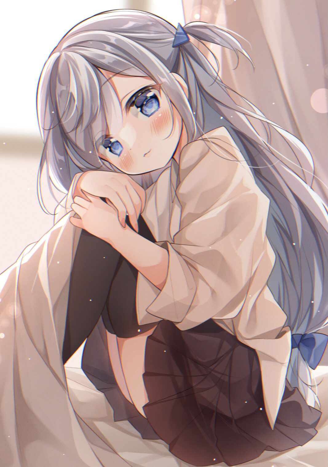 gau (n00 shi), original, commentary request, highres, 1girl, black thighhighs, blue eyes, blush, brown skirt, from side, grey hair, head tilt, indoors, knees up, lens flare, light particles, long hair, long sleeves, looking at viewer, on bed, one side up, pleated skirt, shirt, sitting, skirt, solo, thighhighs, white hair, white shirt