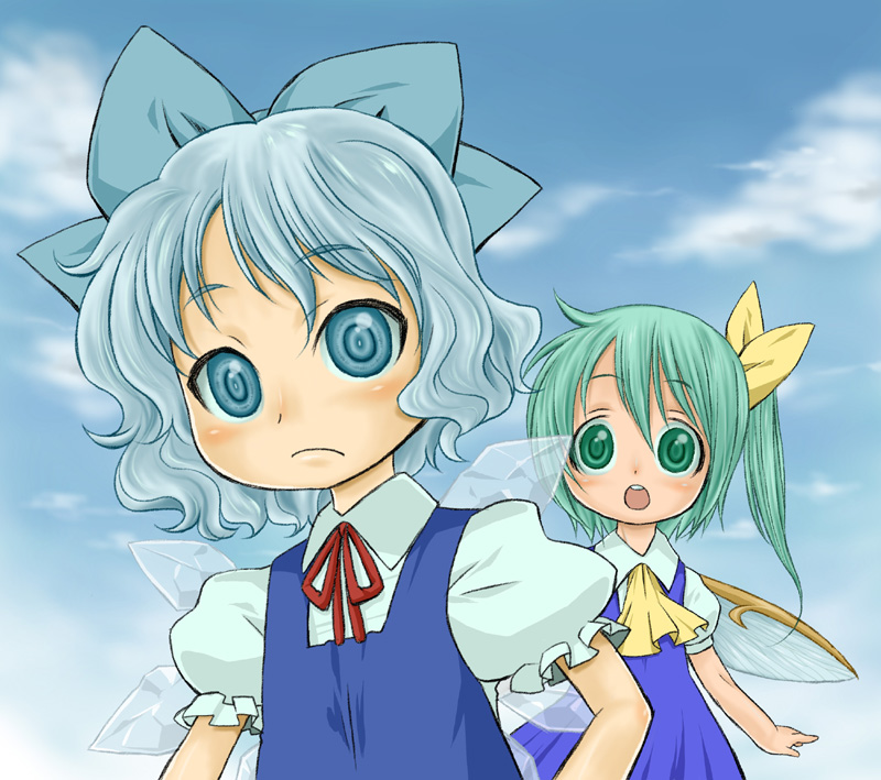 harukaze unipo, unipo, cirno, daiyousei, embodiment of scarlet devil, touhou, bad id, bad pixiv id, 2girls, blue eyes, blue hair, green eyes, green hair, multiple girls, ponytail, short hair, side ponytail, wings