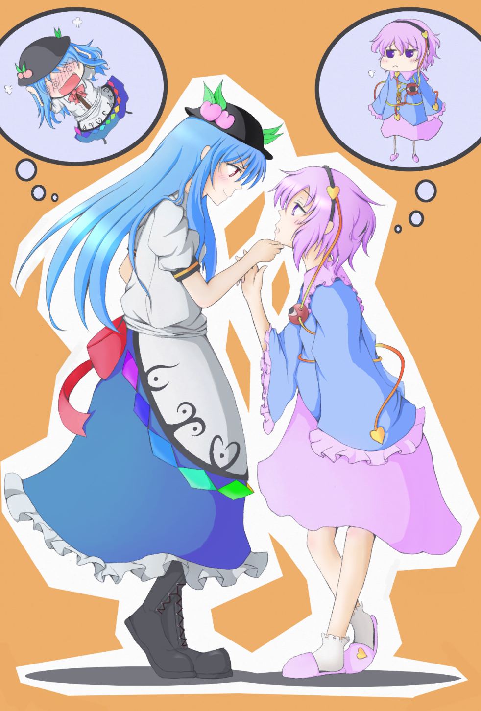 daigorou, hinanawi tenshi, komeiji satori, touhou, highres, 2girls, blue hair, female focus, imagining, multiple girls, pink eyes, pink hair, red eyes