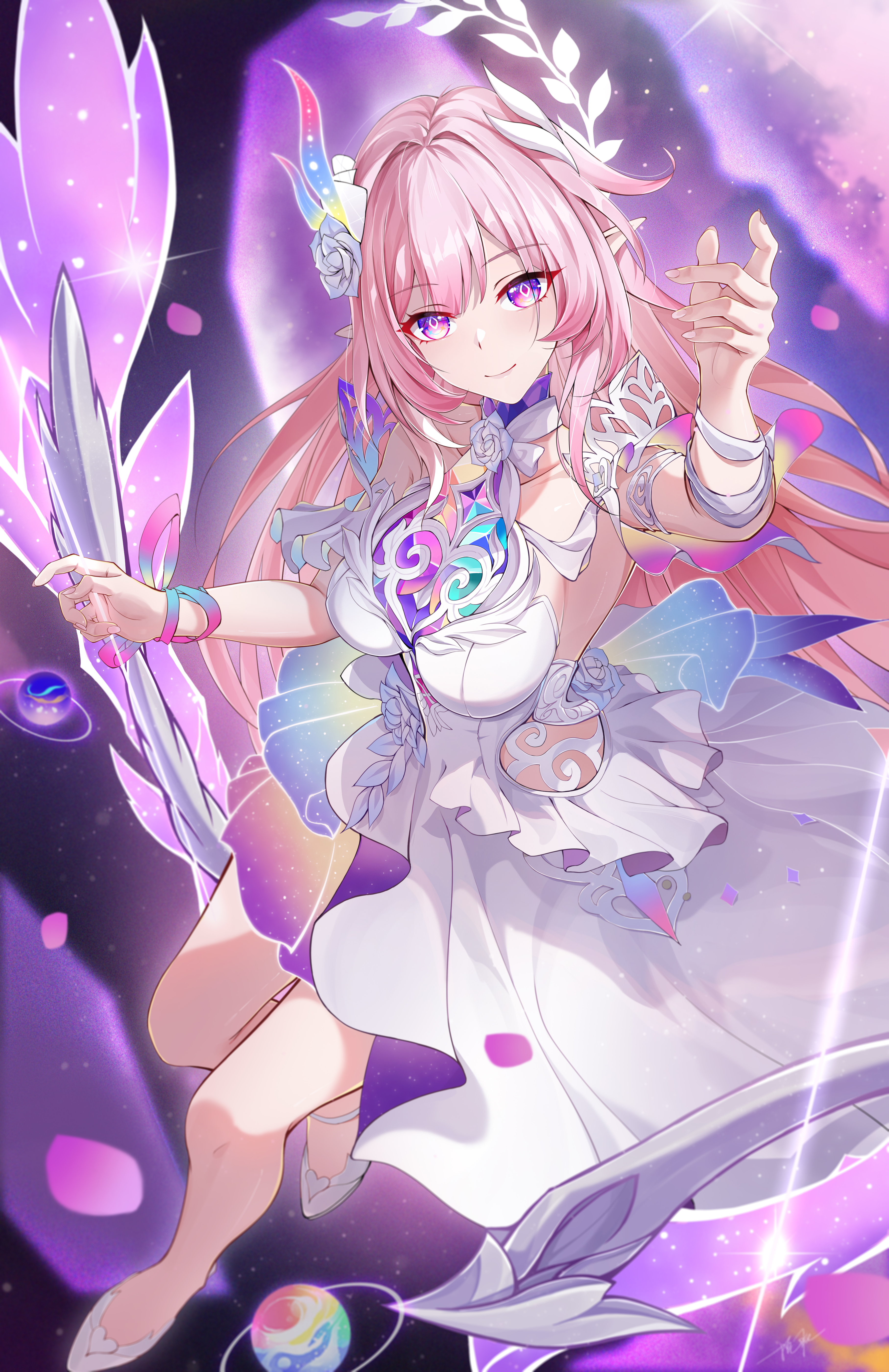 ooo wange, cyrene (honkai: star rail), cyrene (ripples of past reverie) (honkai: star rail), honkai: star rail, honkai (series), absurdres, commentary, highres, 1girl, bare shoulders, black thighhighs, breasts, dress, high heels, large breasts, long hair, multicolored hair, on swing, pink hair, planet, pointy ears, purple eyes, smile, solo, space, swing, thighhighs, two-tone hair, very long hair, white dress, white hair