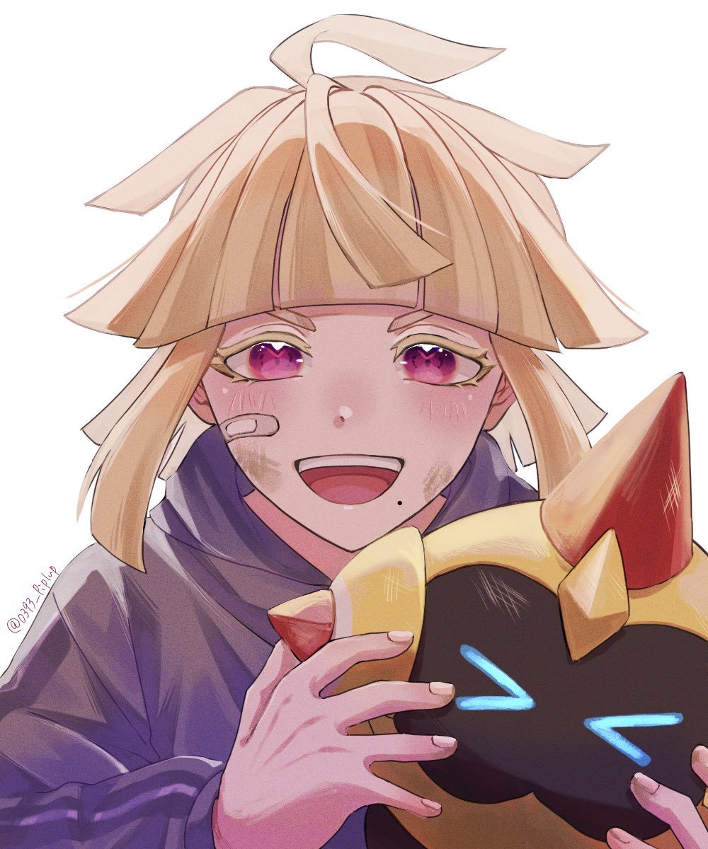 0393 piplup, falinks, ivor (pokemon), nintendo, pokemon, pokemon legends: z-a, highres, >:), 1boy, aged down, bandaid, bandaid on face, blonde hair, blue eyes, blush, closed mouth, dirty, dirty face, gen 8 pokemon, holding, holding pokemon, hood, hoodie, horns, long sleeves, looking at viewer, mole, mole under mouth, open mouth, pokemon (creature), purple eyes, purple hoodie, short hair, simple background, single horn, smile, v-shaped eyebrows, white background