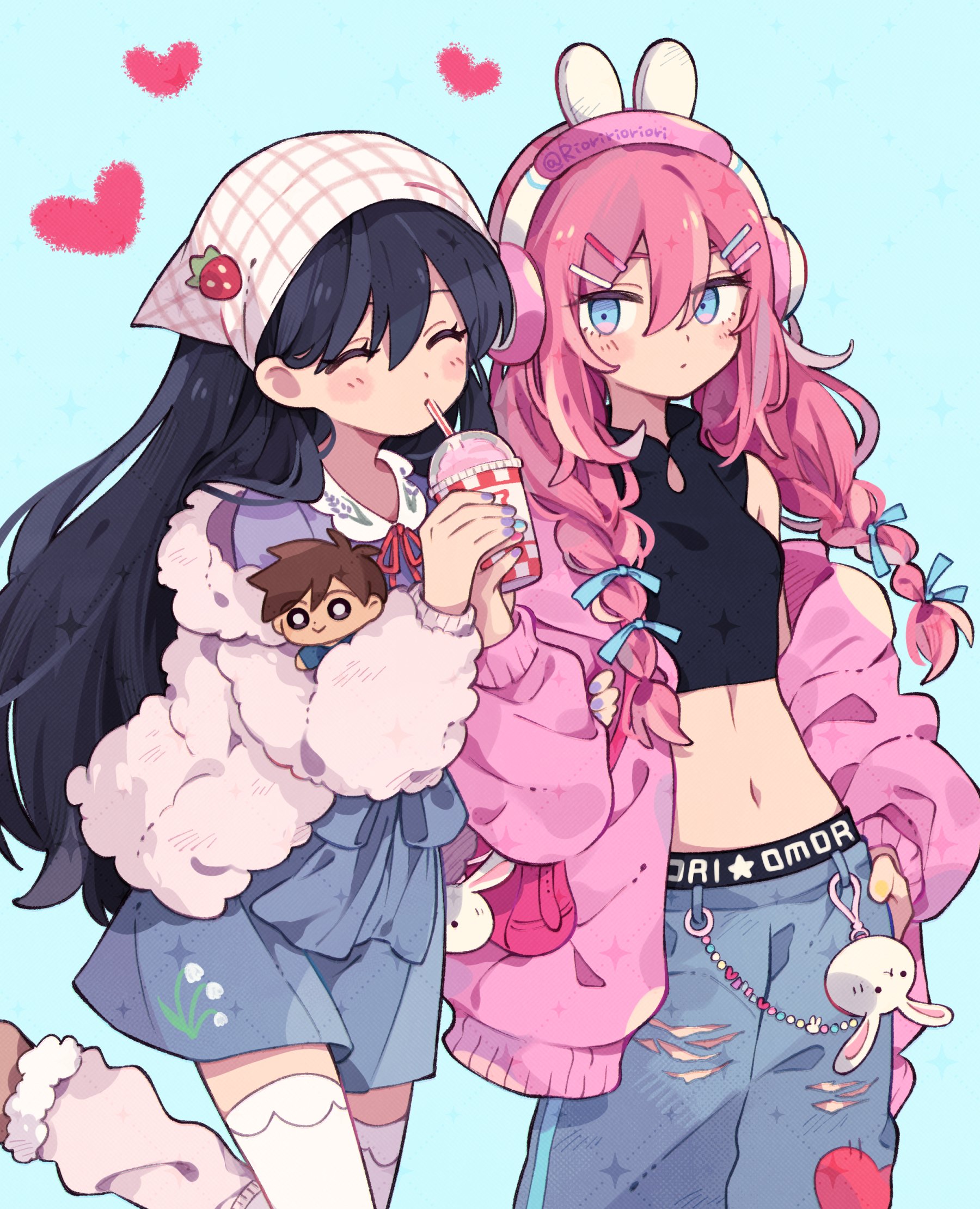 aubrey (birthday) (omori), aubrey (faraway) (omori), aubrey (omori), forest bunny? (omori), forest bunny (omori), hero (faraway) (omori), hero (omori), mari (birthday) (omori), mari (faraway) (omori), mari (omori), omori, commentary request, highres, 2girls, animal ear headphones, animal ears, bag, black hair, blue background, blue bow, blue eyes, blue nails, blue skirt, blush, bow, braid, breasts, cardigan, character charm, character doll, charm (object), closed eyes, closed mouth, crop top, cup, denim, disposable cup, doll, double-parted bangs, drinking straw, drinking straw in mouth, fake animal ears, hair between eyes, hair bow, hair ornament, hairclip, handbag, headphones, headscarf, heart, holding, holding cup, holding stuffed toy, jacket, jeans, long hair, long sleeves, looking at viewer, low twin braids, multicolored nails, multiple girls, navel, official alternate costume, open cardigan, open clothes, open jacket, pants, pink cardigan, pink hair, pink nails, purple nails, rabbit ear headphones, rabbit ears, rioririoriori, simple background, skirt, sleeveless, small breasts, stuffed animal, stuffed toy, thighhighs, torn clothes, torn jeans, torn pants, twin braids, twitter username, white headscarf, white jacket, white thighhighs, yellow nails