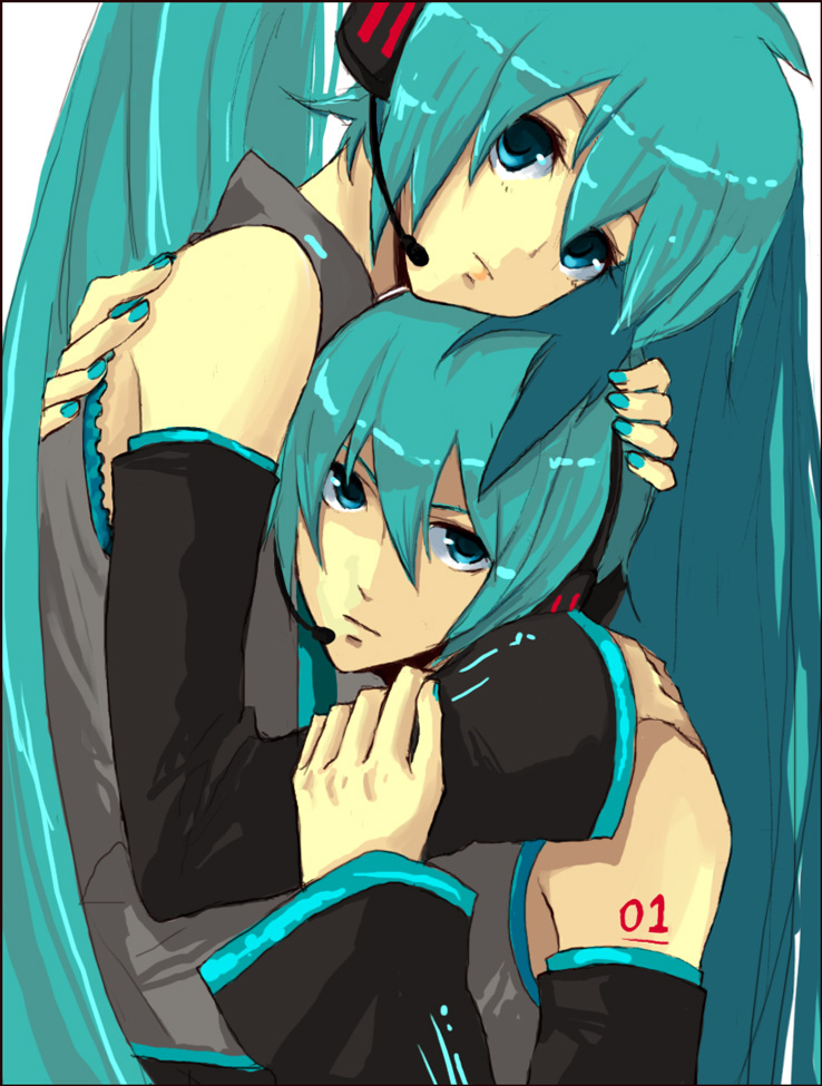 nntn, hatsune miku, hatsune mikuo, vocaloid, bad id, bad pixiv id, 1boy, 1girl, aqua eyes, aqua hair, detached sleeves, genderswap, genderswap (ftm), headphones, headset, hetero, hug, long hair, short hair, twintails