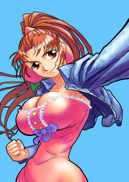 burugariya, k t (burugariya), momote yaiko, taizou mote king saga, 1girl, breasts, brown hair, clenched hand, curvy, female focus, huge breasts, hyakute yaiko, ponytail, smile, solo