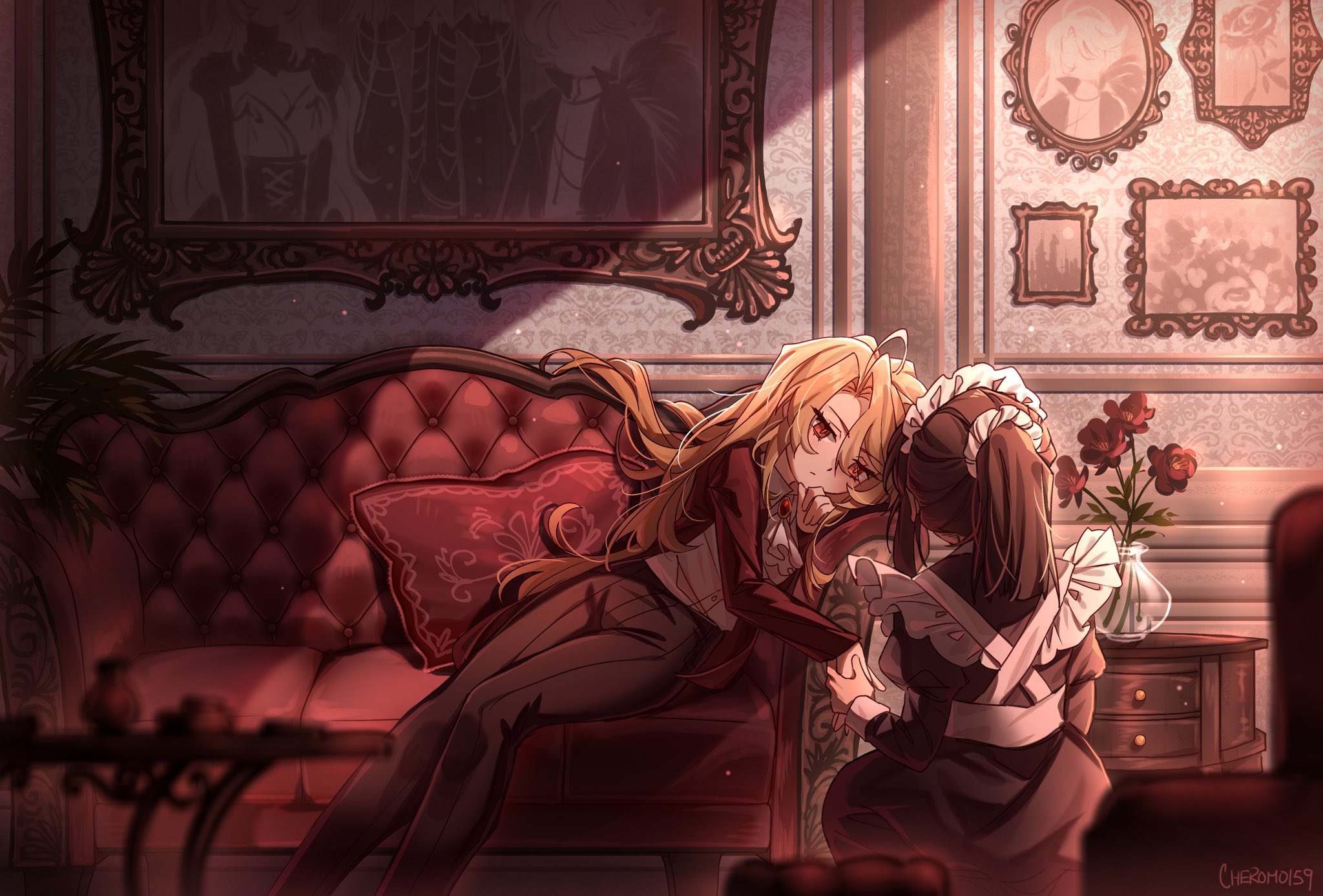 cheromo159, don quixote (project moon), ryoshu (project moon), sancho (project moon), limbus company, project moon, commentary, english commentary, highres, 2girls, apron, ascot, black dress, black hair, black pants, blonde hair, brooch, chest of drawers, collared shirt, couch, curtained hair, dress, feet out of frame, flower, frilled apron, frills, from behind, hair ornament, hair scrunchie, hand on own chin, holding hands, indoors, jacket, jewelry, leaning on object, long hair, long sleeves, looking at another, maid, maid headdress, multiple girls, on couch, pants, picture frame, ponytail, puffy long sleeves, puffy sleeves, red eyes, red flower, red jacket, scrunchie, shirt, vase, white ascot, white shirt, wuthering heights (identity) (project moon), yuri