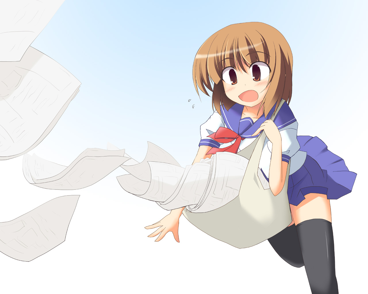 kugui kiyunemu, nakamachi kana, kanamemo, 00s, bag, brown hair, newspaper, school uniform, serafuku, short hair, solo, thighhighs