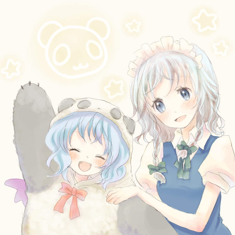 rias-shiki kawaii, izayoi sakuya, remilia scarlet, touhou, bad id, bad pixiv id, 2girls, animal costume, costume, female focus, gradient background, maid, multiple girls, panda, panda costume