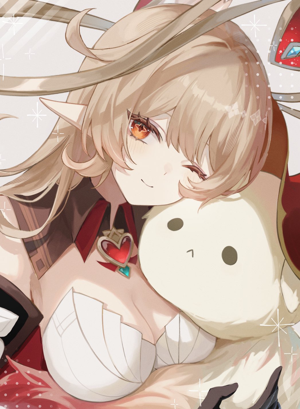 alice (genshin impact), dodoco (genshin impact), genshin impact, highres, 1girl, blonde hair, breasts, cleavage, clover-shaped pupils, cowlick, detached collar, detached sleeves, gem, gloves, hat, heart-shaped gem, hug, jewelry, large breasts, long hair, looking at viewer, one eye closed, orange eyes, pointy ears, siina 0320, smile, solo, symbol-shaped pupils, upper body, witch hat