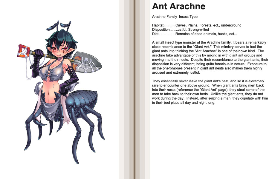 kenkou cross, ant arachne, monster girl encyclopedia, hard-translated, official art, third-party edit, translated, 1girl, animal hands, ant girl, antennae, arthropod girl, arthropod limbs, bra, breasts, character profile, cleavage, elbow gloves, english text, female focus, gloves, halterneck, insect girl, large breasts, monster girl, navel, pointy ears, short hair, shovel, silk, solo, spider girl, spider web, sweat, text focus, underwear, worktool