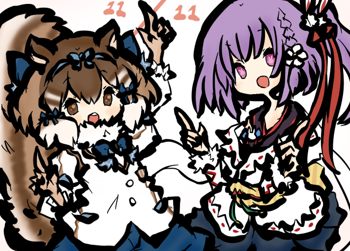 tanuki kamen, siberian chipmunk (kemono friends), tenjin kotone, kemono friends, kemono friends v project, prismplus, 2girls, animal ears, brown eyes, brown hair, chipmunk ears, chipmunk girl, chipmunk tail, extra ears, flower, gloves, hair flower, hair ornament, japanese clothes, kimono, long hair, looking at viewer, microphone, multiple girls, purple eyes, purple hair, ribbon, scarf, shirt, short hair, shorts, simple background, tail, vest, virtual youtuber