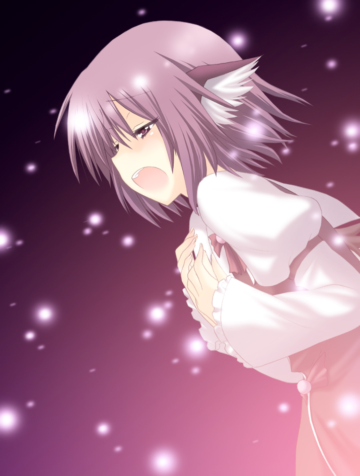 saki chisuzu, mystia lorelei, touhou, 1girl, animal ears, female focus, music, no headwear, open mouth, pink eyes, pink hair, purple theme, short hair, singing, solo