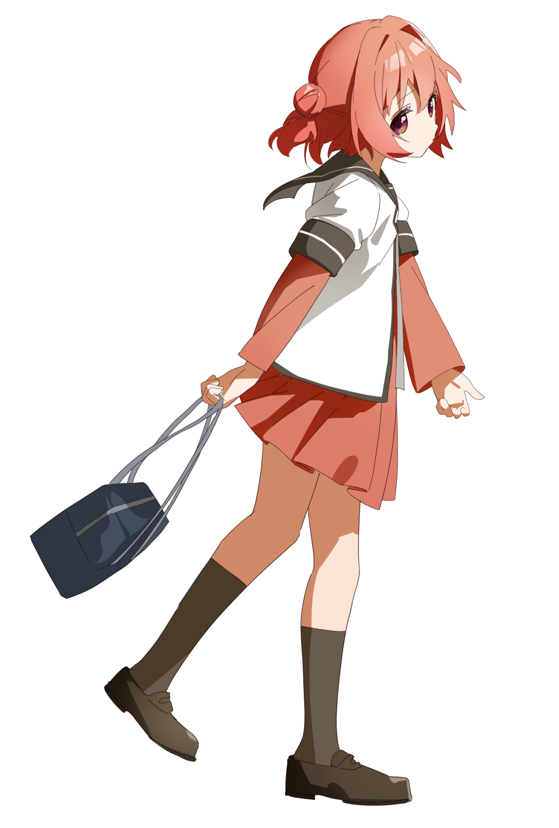 keibi inu, akaza akari, yuruyuri, commentary, highres, 1girl, bag, black shoes, black socks, brown sailor collar, buttons, dress, from side, holding, holding bag, invisible floor, kneehighs, layered sleeves, loafers, long sleeves, nanamori school uniform, pleated dress, red dress, sailor collar, school uniform, shirt, shoes, short dress, short over long sleeves, short sleeves, simple background, socks, walking, white background, white shirt