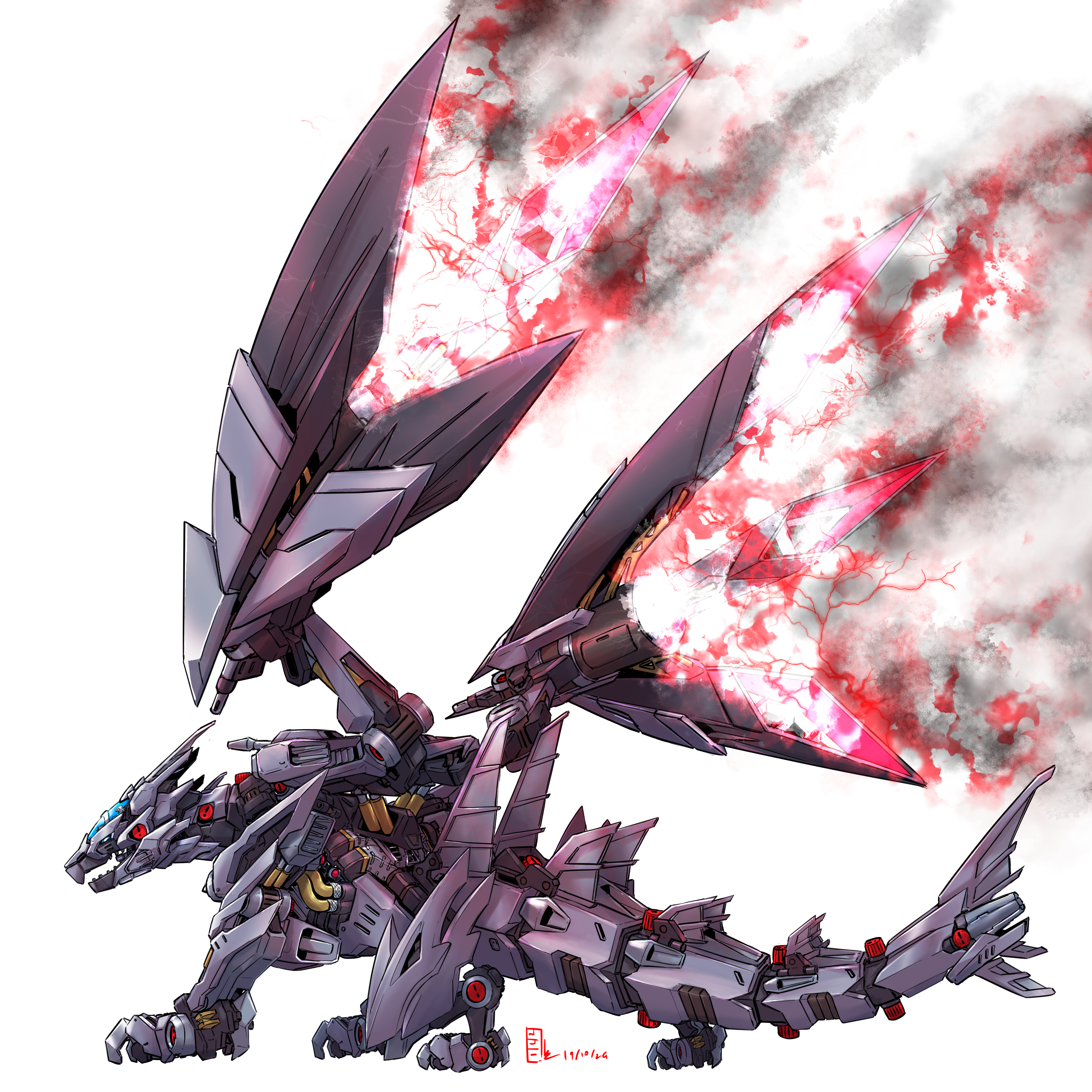 pravin rao santheran, valstrax, monster hunter (series), zoids, absurdres, highres, cockpit, dated, energy, glass cockpit, mecha, mecha focus, mechanical tail, mechanical wings, mechanization, no humans, non-humanoid robot, robot, robot dragon, signature, smoke, tail, thrusters, white background, wings