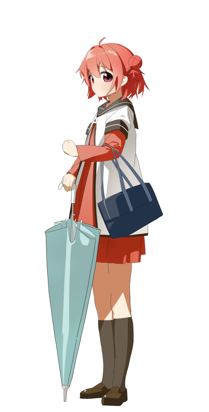 keibi inu, akaza akari, yuruyuri, commentary, highres, ahoge, black shoes, black socks, blue bag, brown sailor collar, dress, from side, full body, hair bun, hair intakes, holding, holding umbrella, kneehighs, layered sleeves, long sleeves, looking at viewer, nanamori school uniform, pleated dress, purple eyes, red dress, red hair, sailor collar, sailor shirt, school uniform, shirt, shoes, short dress, short hair, short over long sleeves, short sleeves, simple background, socks, standing, twintails, umbrella, white background, white shirt