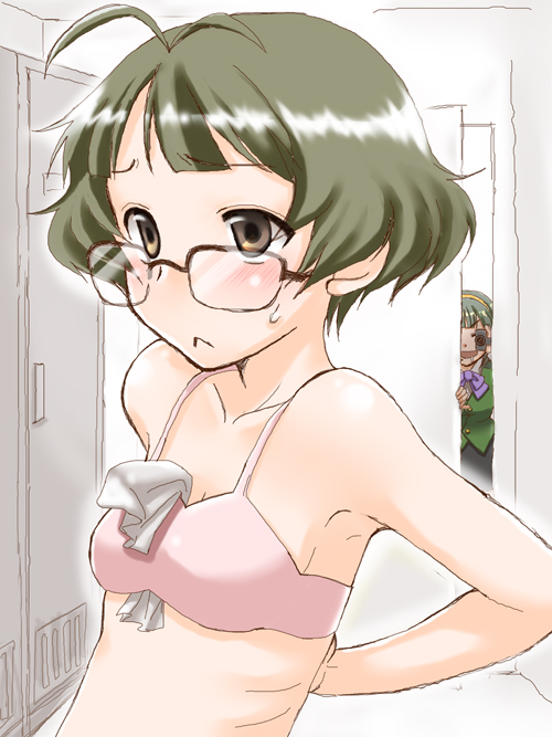 natsuno hareruya, akizuki ryo, otonashi kotori, idolmaster, idolmaster (classic), idolmaster dearly stars, bad id, bad pixiv id, 00s, 1boy, 1girl, antenna hair, antennae, blush, bra, brown eyes, camcorder, camera, crossdressing, female pervert, glasses, lingerie, pervert, ribs, saliva, tissue, trap, underwear, video camera
