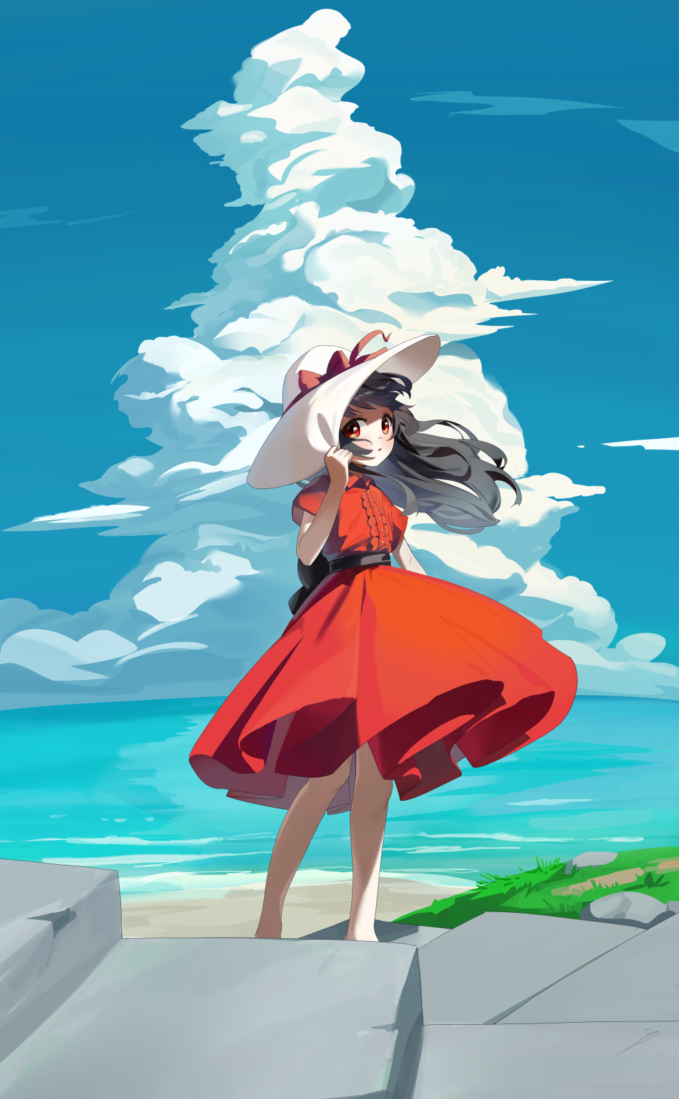 keibi inu, matsumoto rise, yuruyuri, commentary, highres, 1girl, alternate costume, beach, black hair, bow, cloud, cumulonimbus cloud, day, dress, flat chest, hat, hat bow, horizon, knees, long hair, looking at viewer, medium dress, ocean, outdoors, parted lips, red bow, red dress, red eyes, sand, scenery, sky, solo, stairs, stone stairs, sun hat, water, white hat