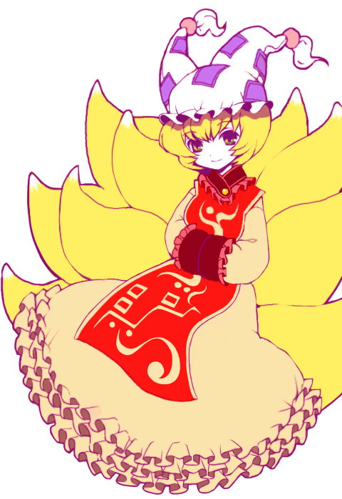 hizuki akira, yakumo ran, touhou, bad id, bad pixiv id, 1girl, animal hat, blonde hair, dress, female focus, fox tail, hands in opposite sleeves, hat, long sleeves, mob cap, multiple tails, pale skin, short hair, smile, solo, tabard, tail, tassel, white background, wide sleeves